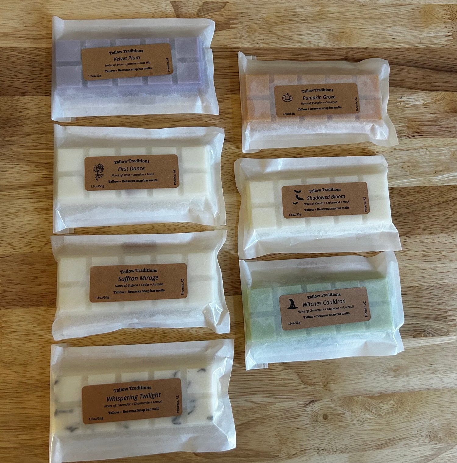 Assorted tallow and beeswax wax melts in various scents
