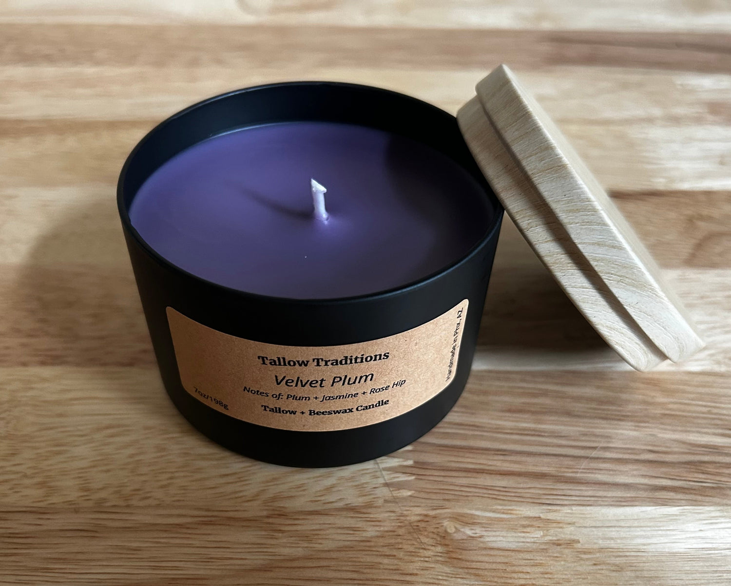 Velvet Plum scented tallow and beeswax candle in black tin 8oz