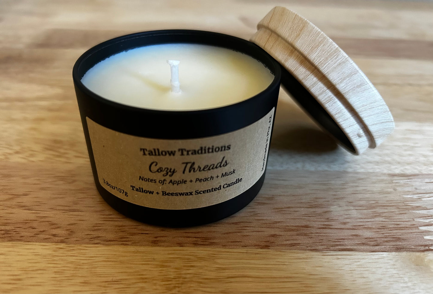 Cozy Threads scented tallow and beeswax candle in black tin 4oz