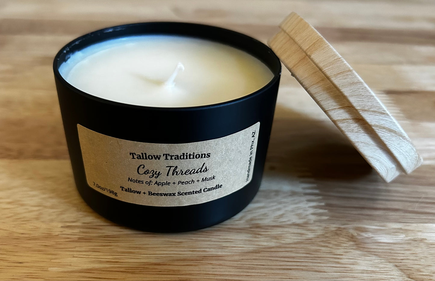 Cozy Threads scented tallow and beeswax candle in black tin 8oz