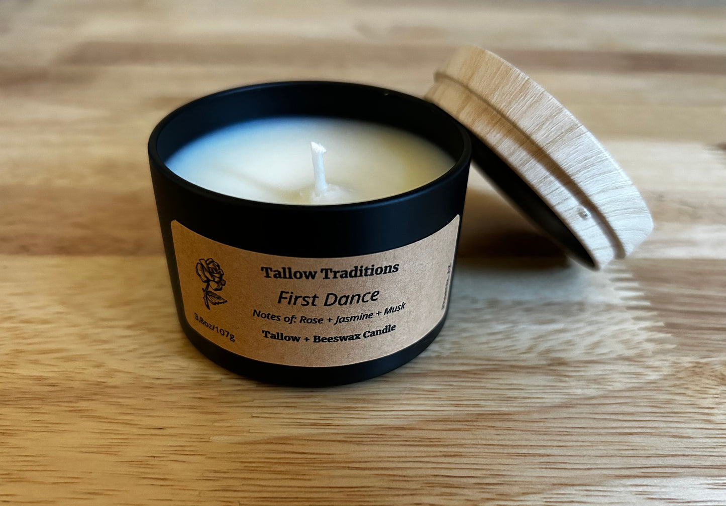 First Dance scented tallow and beeswax candle in black tin 4oz