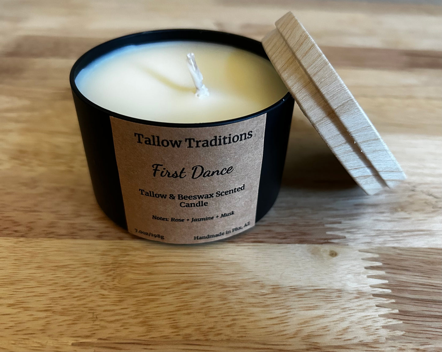 First Dance scented tallow and beeswax candle in black tin 8oz