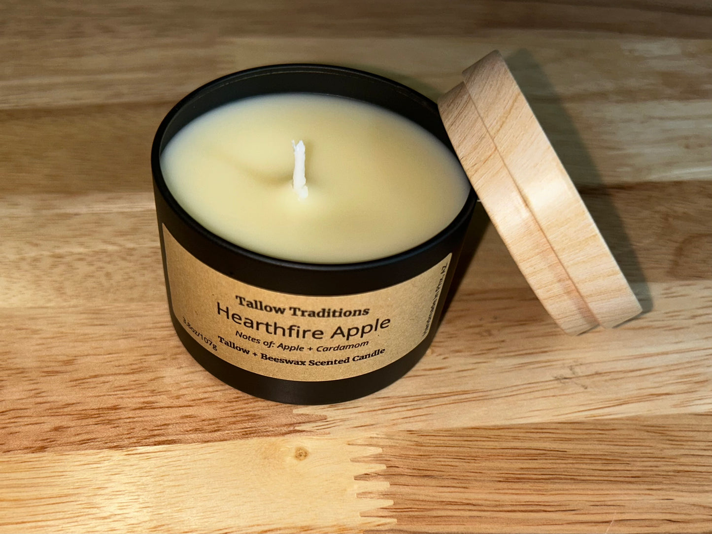 Hearthfire Apple scented tallow and beeswax candle in black tin 8oz