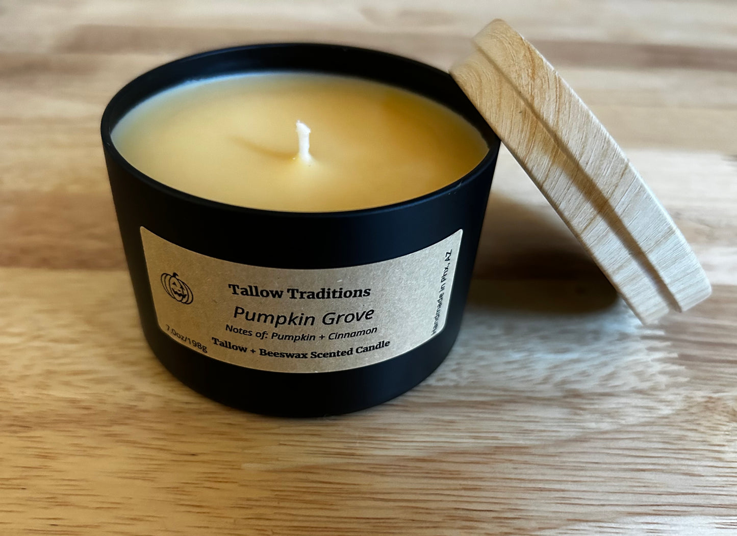 Pumpkin Grove scented tallow and beeswax candle in black tin 8oz