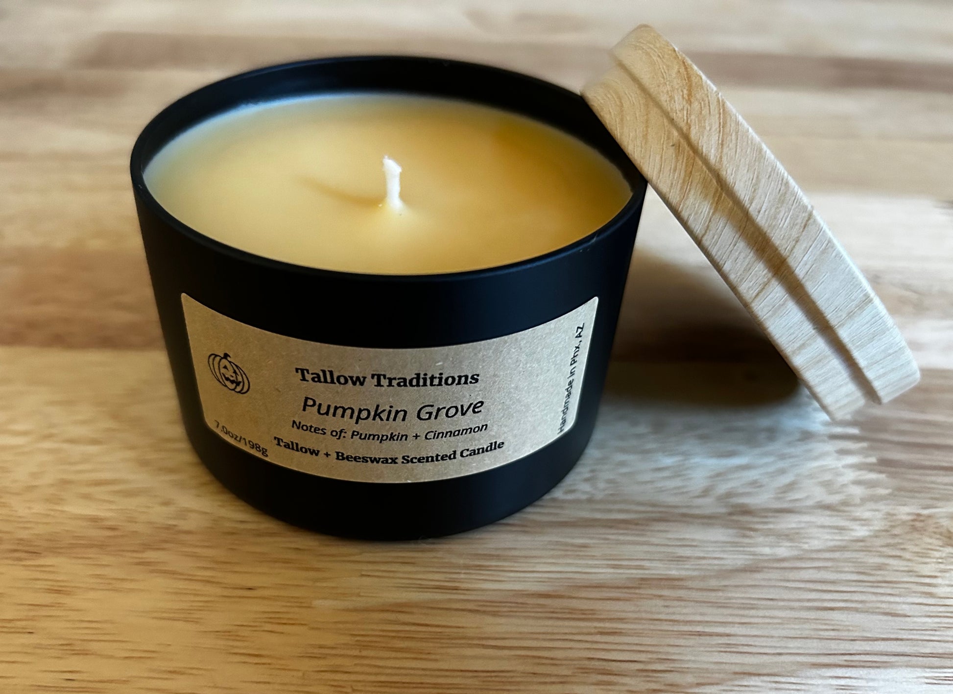 Pumpkin Grove scented tallow and beeswax candle in black tin 8oz