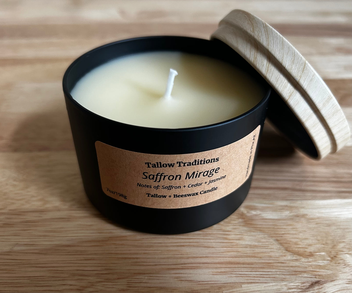 Saffron Mirage scented tallow and beeswax candle in black tin 8oz- inspired by baccarat rouge 540
