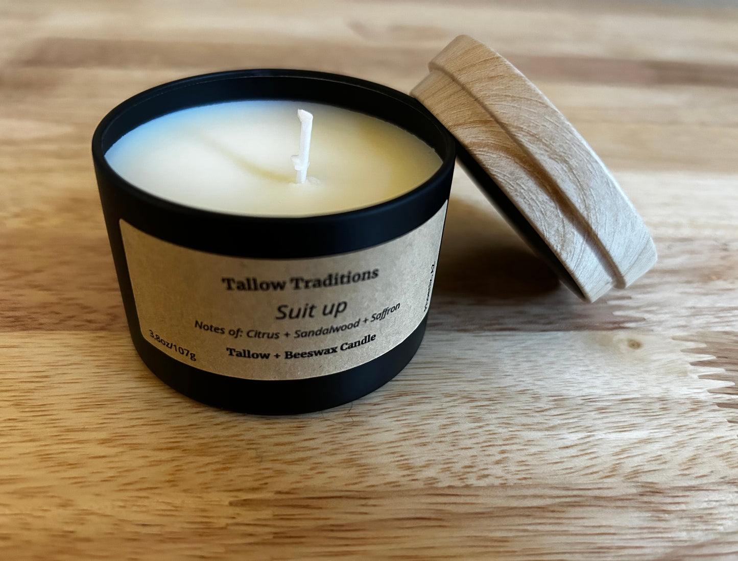 Suit Up 4oz scented tallow and beeswax candle in black tin