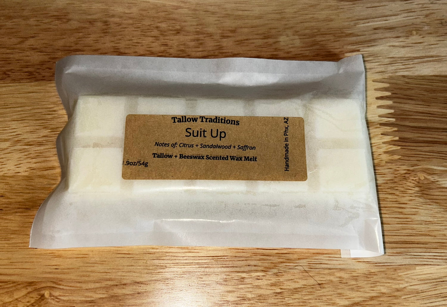 Suit Up scented tallow and beeswax wax melts