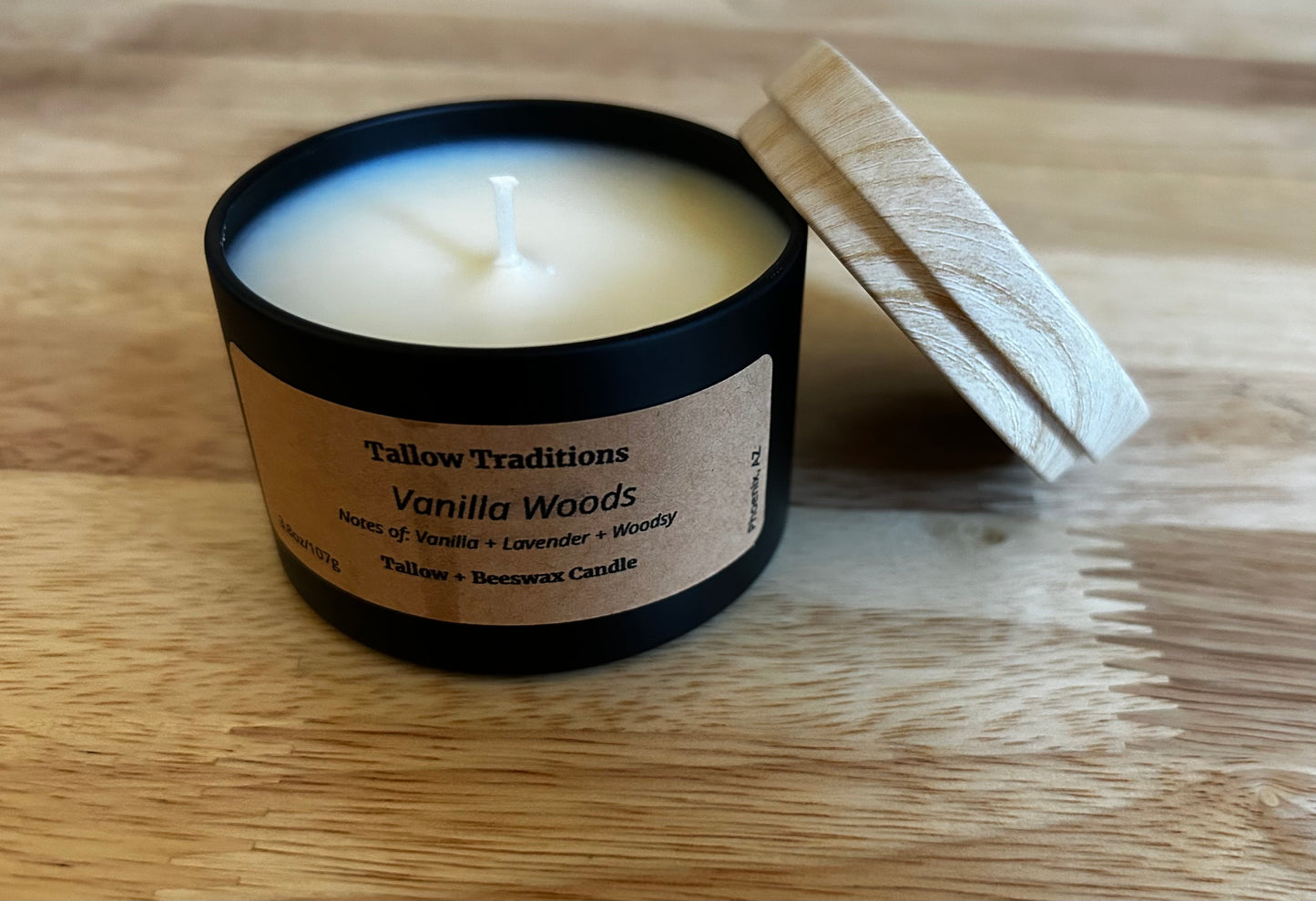Vanilla Woods scented tallow and beeswax candle in black tin 4oz