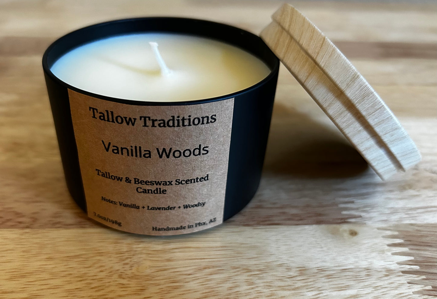 Vanilla Woods scented tallow and beeswax candle in black tin 8oz