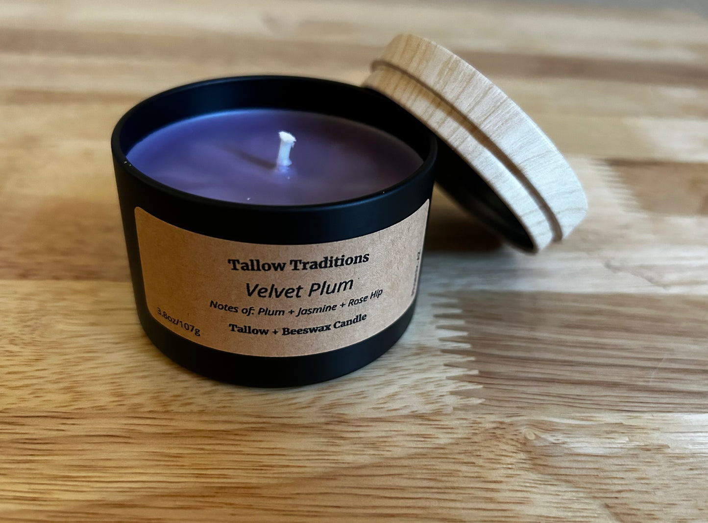 Velvet Plum 4oz scented tallow and beeswax candle in black tin