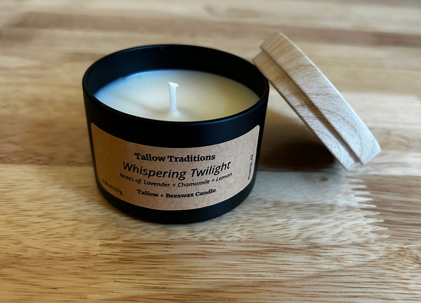 Whispering Twilight scented tallow and beeswax candle in black tin 4oz