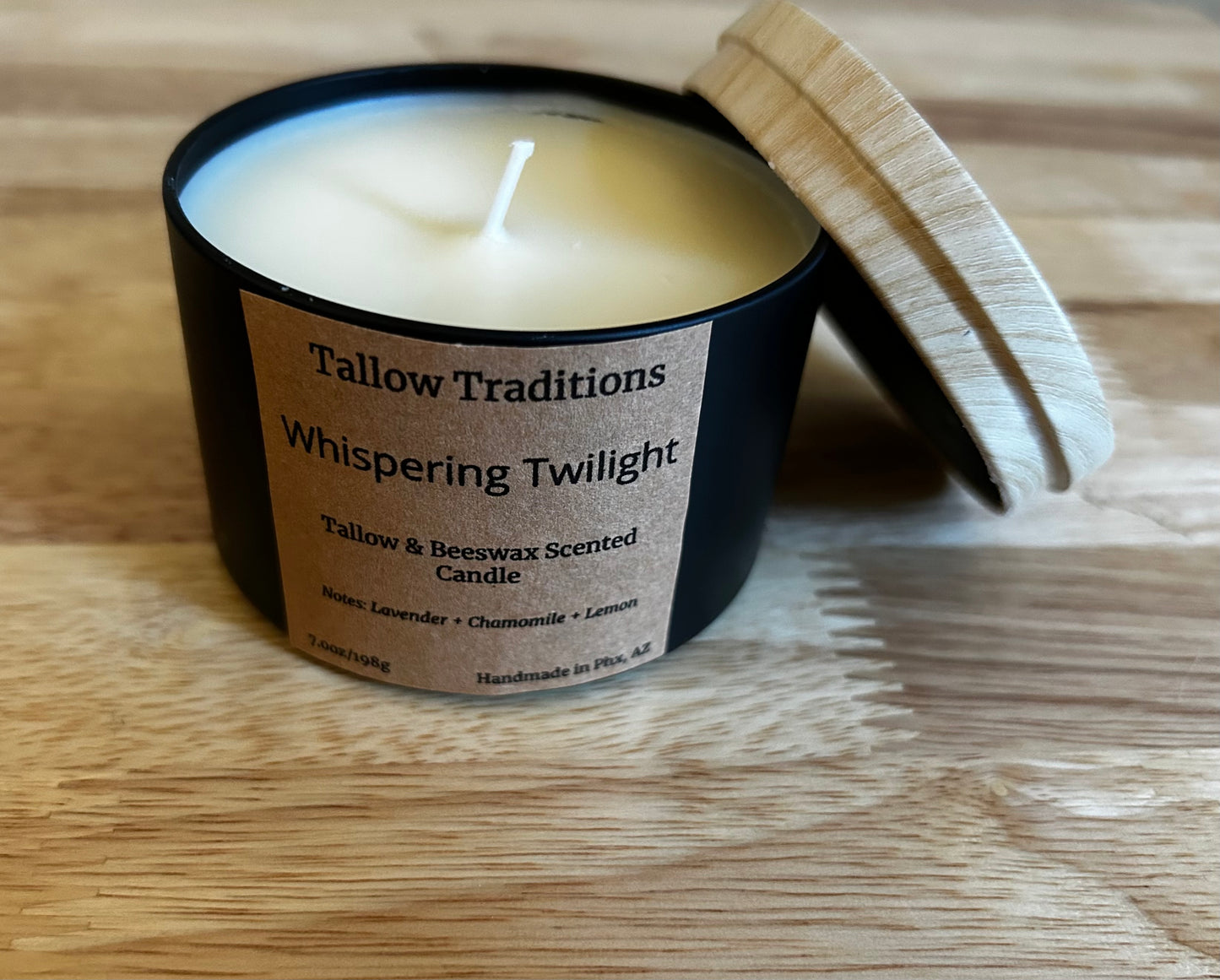 Whispering Twilight scented tallow and beeswax candle in black tin 8oz