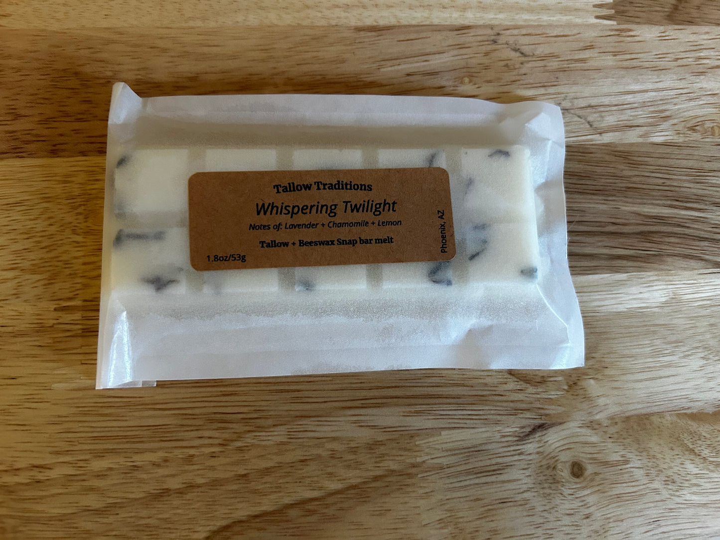 Whisipering Twilight scented tallow and beeswax wax melts with lavender flowers